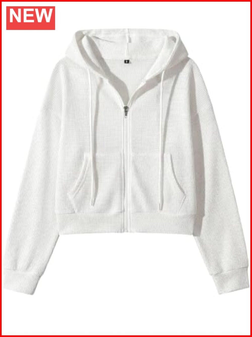 Waffle Knit Cropped Hoodie Zip Up Sweatshirt Jacket Kangaroo Pocket
